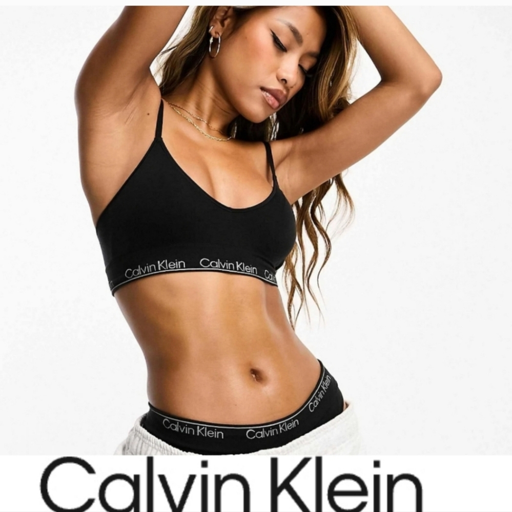 2 Calvin Klein Wirefree Cotton Racerback Logo Band Bras, Removable Pads, Black